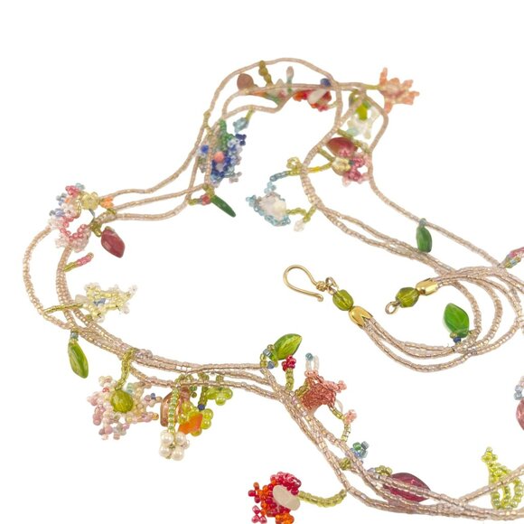 Handcrafted Multi-Color Beaded Floral Three Strand Necklace With Delicate Chain - Picture 9 of 9